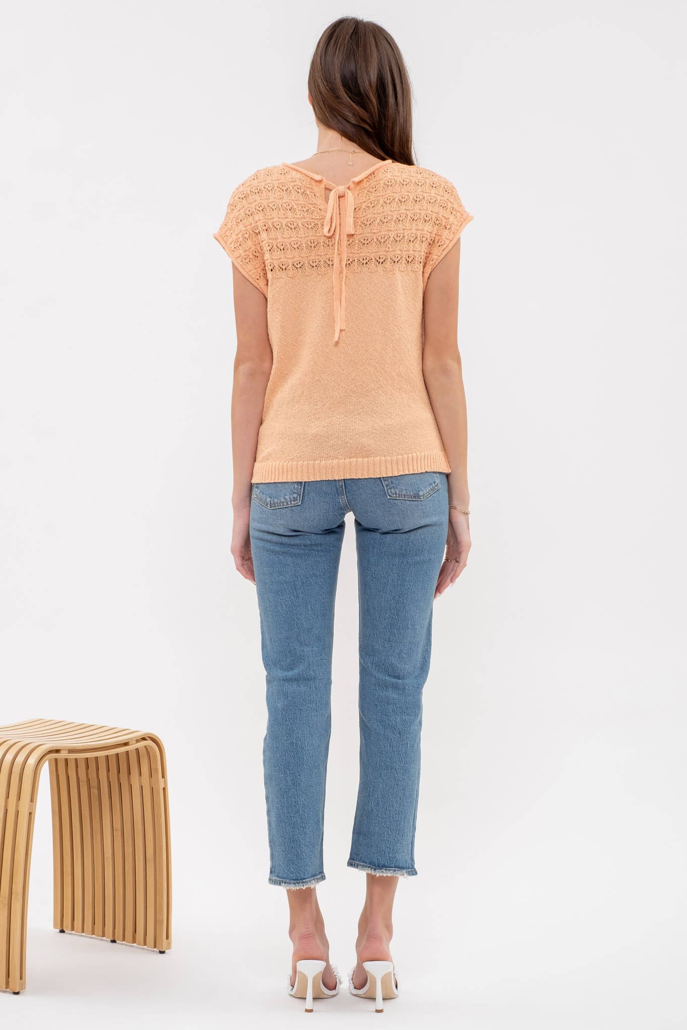 EYELET YOKE SWEATER KNIT TOP: LIGHT ORANGE
