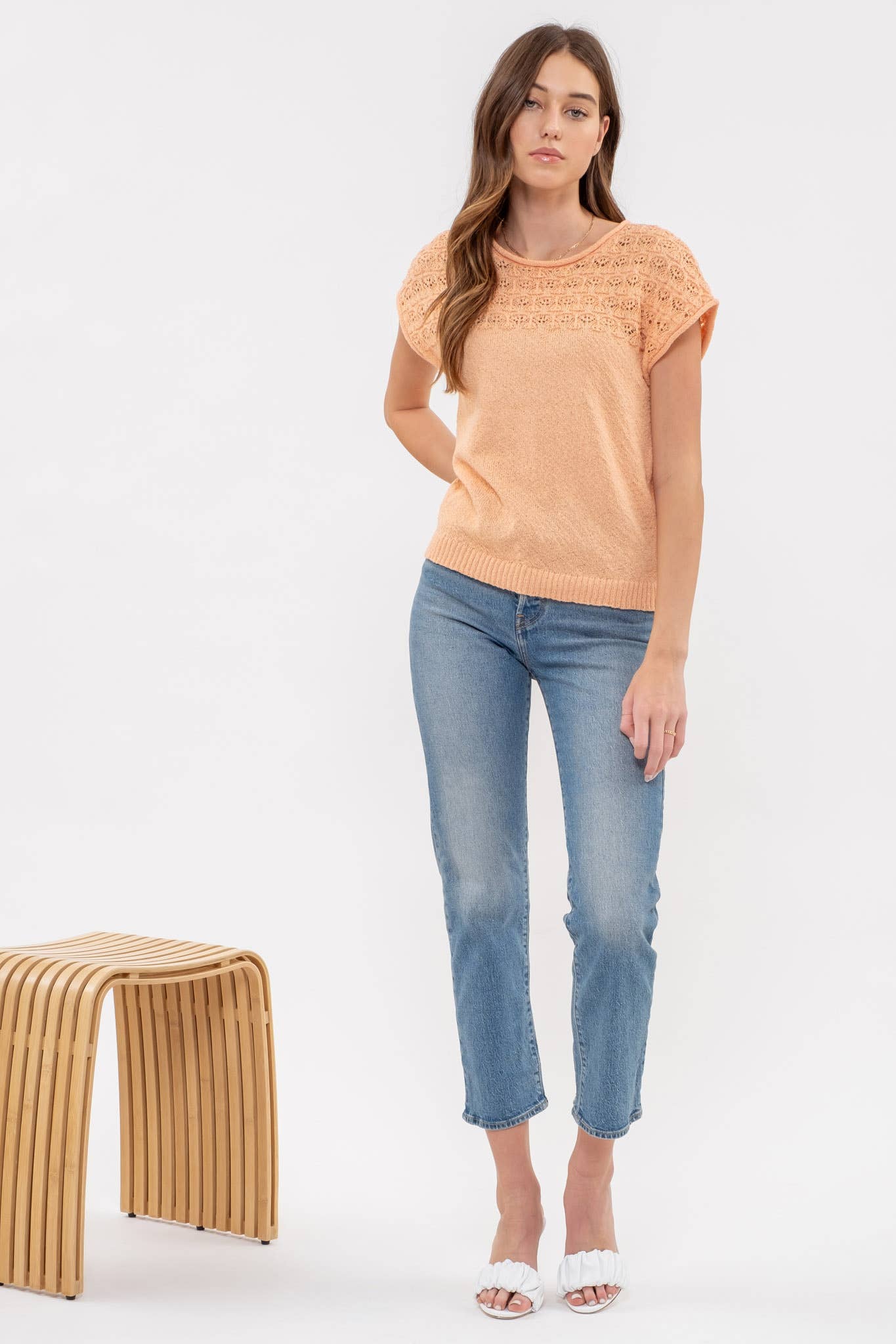 EYELET YOKE SWEATER KNIT TOP: LIGHT ORANGE