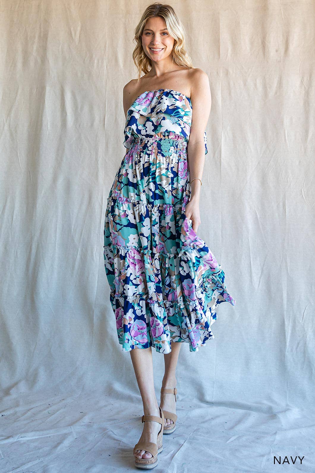 Multi Floral Printed Off Shoulder Tired Dress
