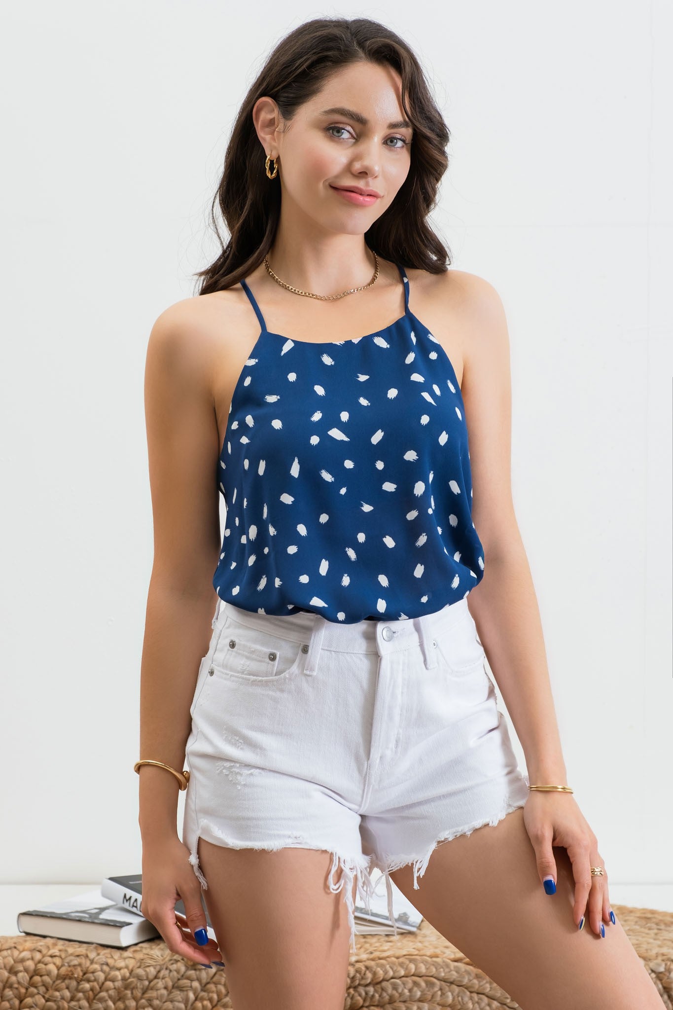 Navy Brush Stroke Halter Tank