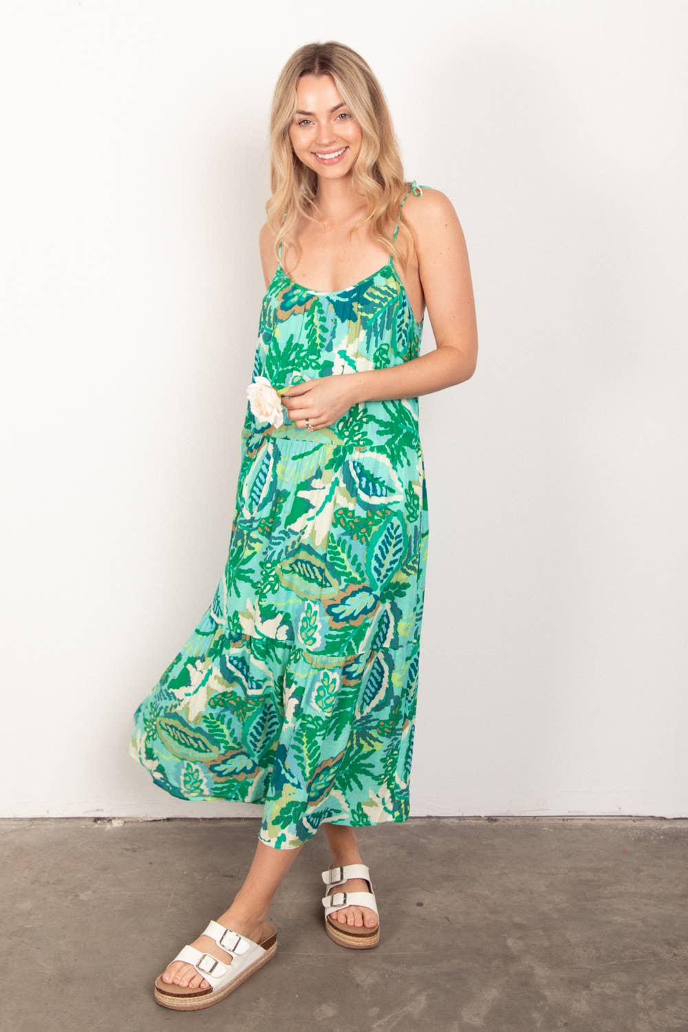 Sleeveless Tropical Printed Summer Midi Dress: GREEN MIX