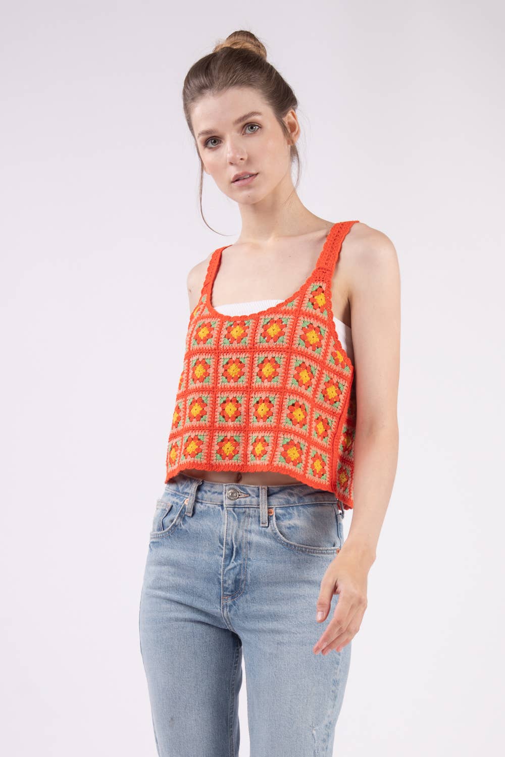 Multi Color Crop Crochet Knit Top: TOMATO
