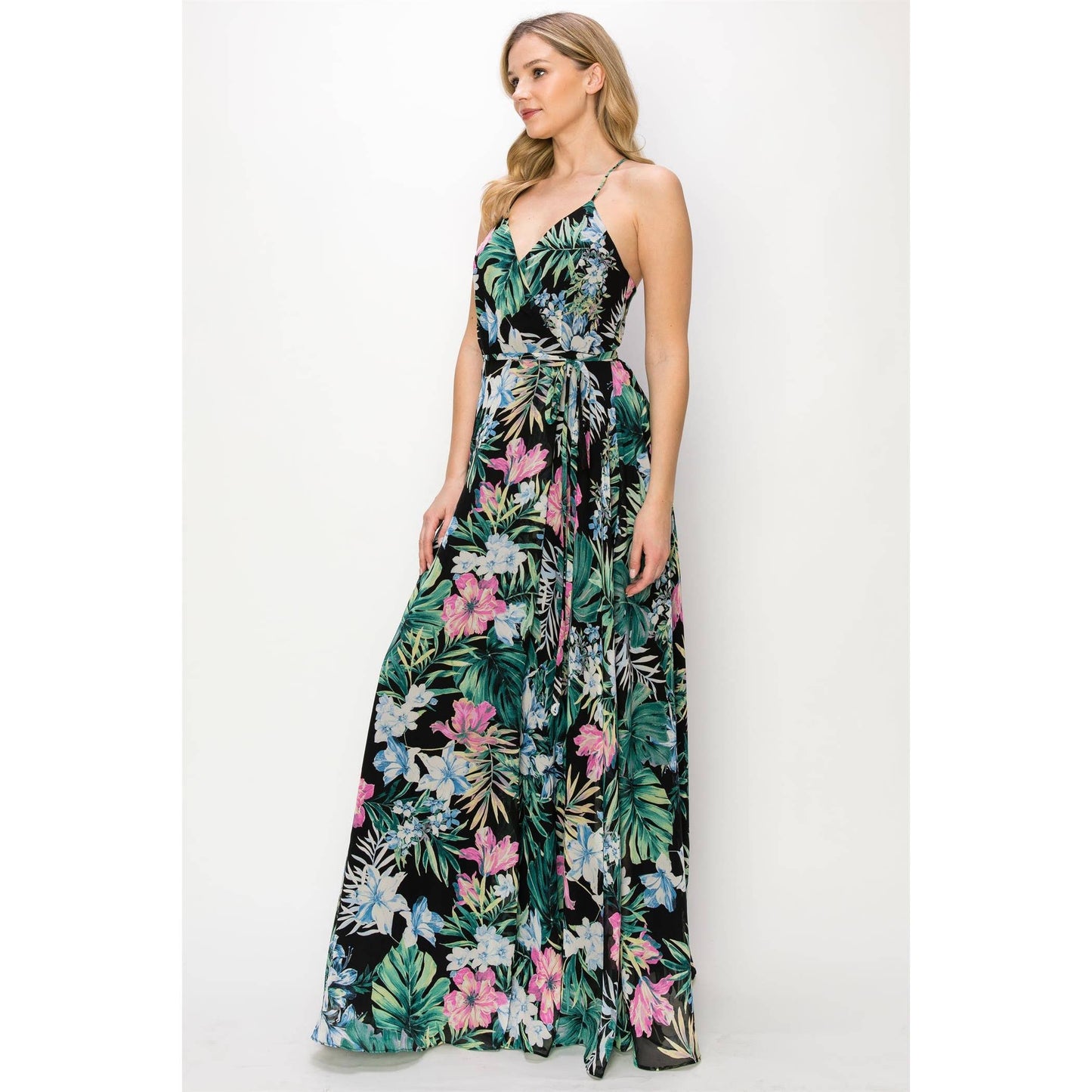 SLEEVELESS FLORAL PRINTED DRESS: BLACK