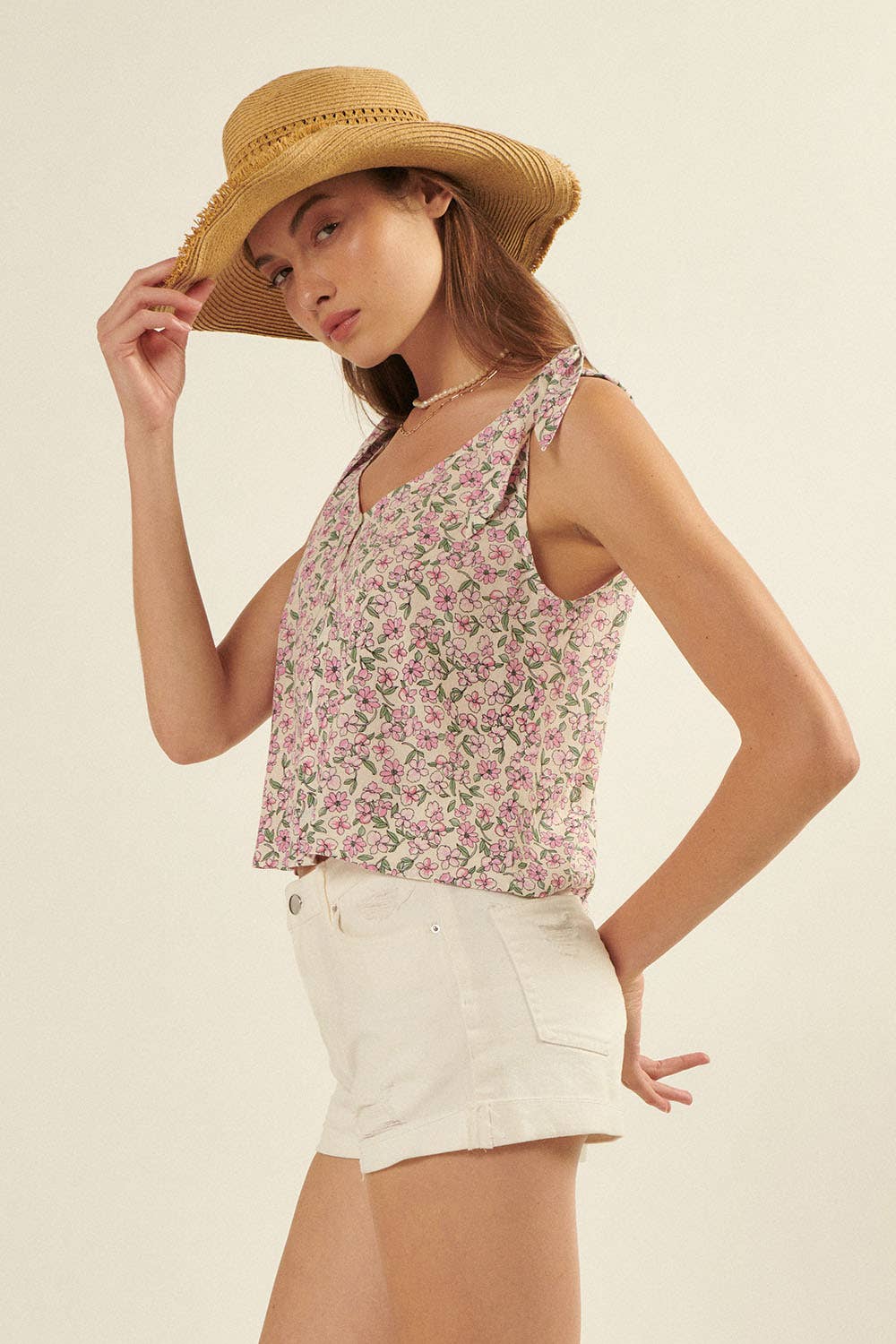 Floral Scoop Neck Henley Tied Shoulders Tank Top: Blush