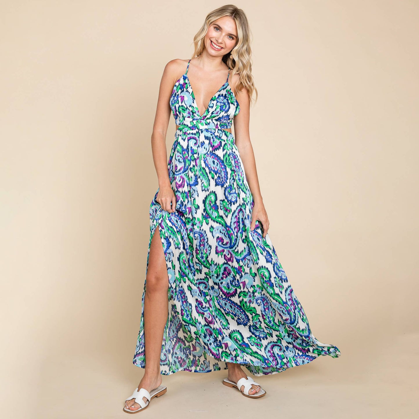 Deep V Neck Open Back Printed Boho Maxi Dress