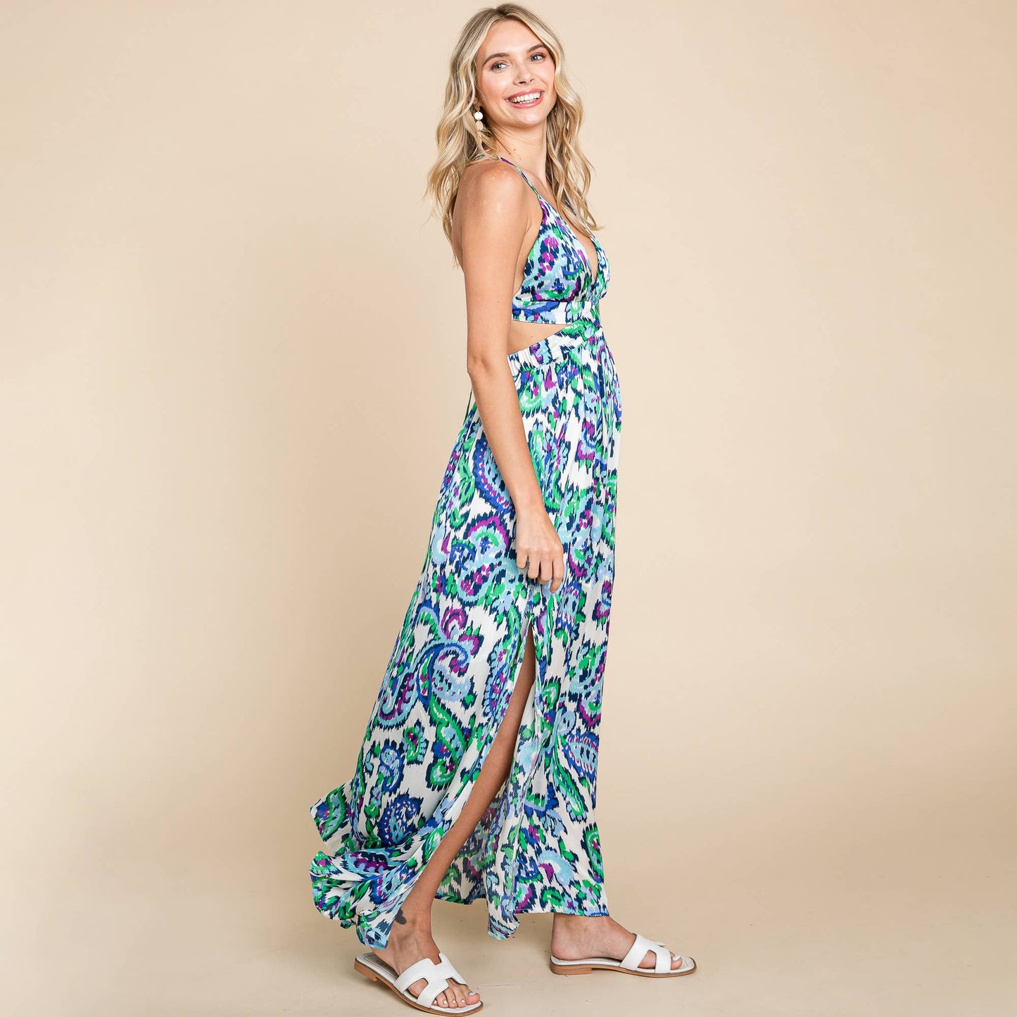 Deep V Neck Open Back Printed Boho Maxi Dress