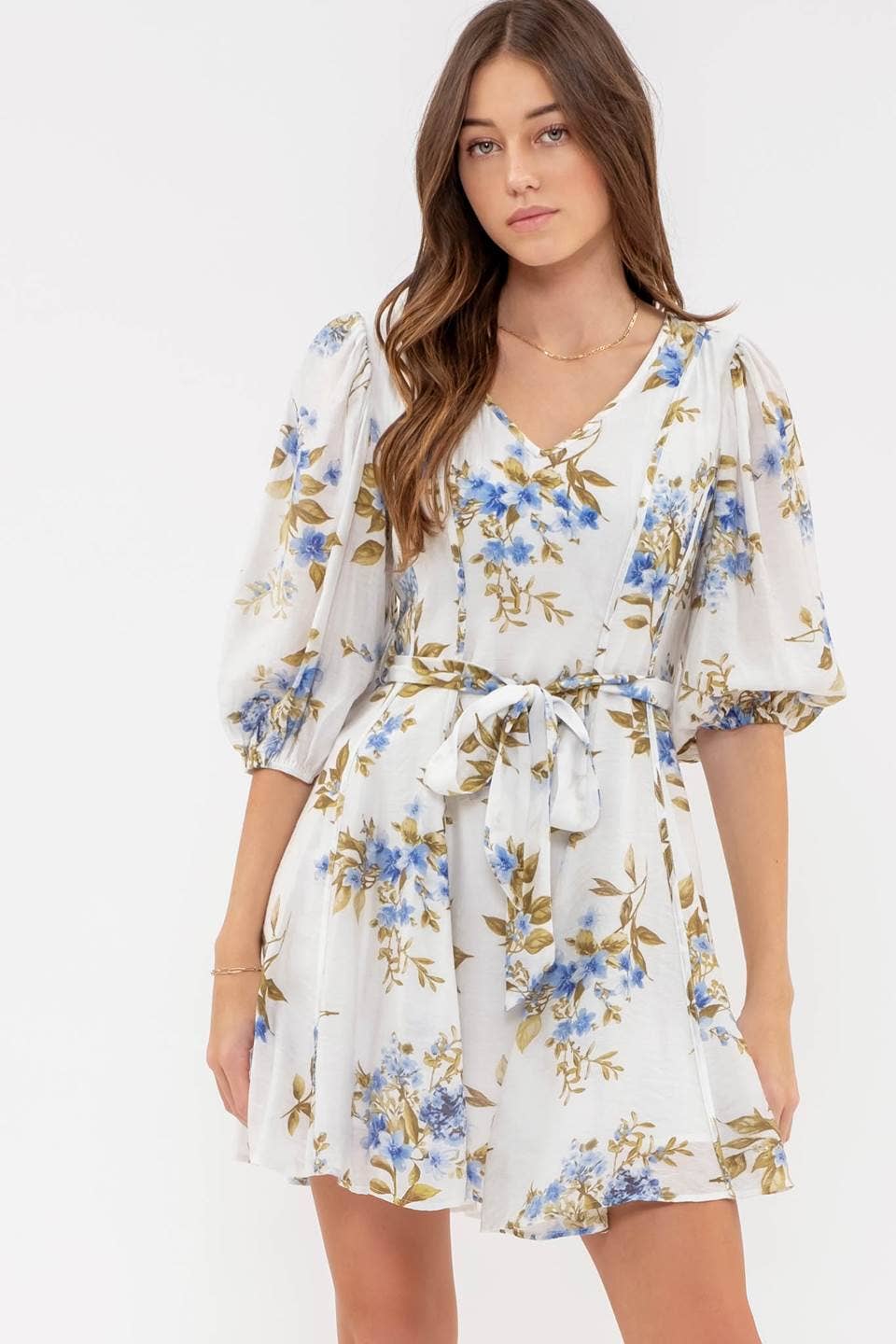 FLORAL PEASANT SLEEVE MINI DRESS: IVORY MULTI