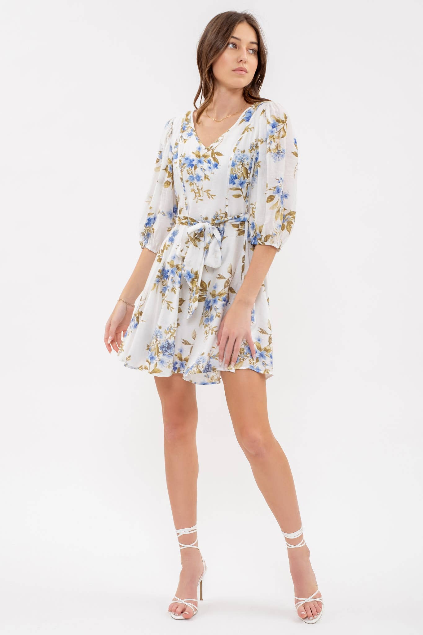 FLORAL PEASANT SLEEVE MINI DRESS: IVORY MULTI