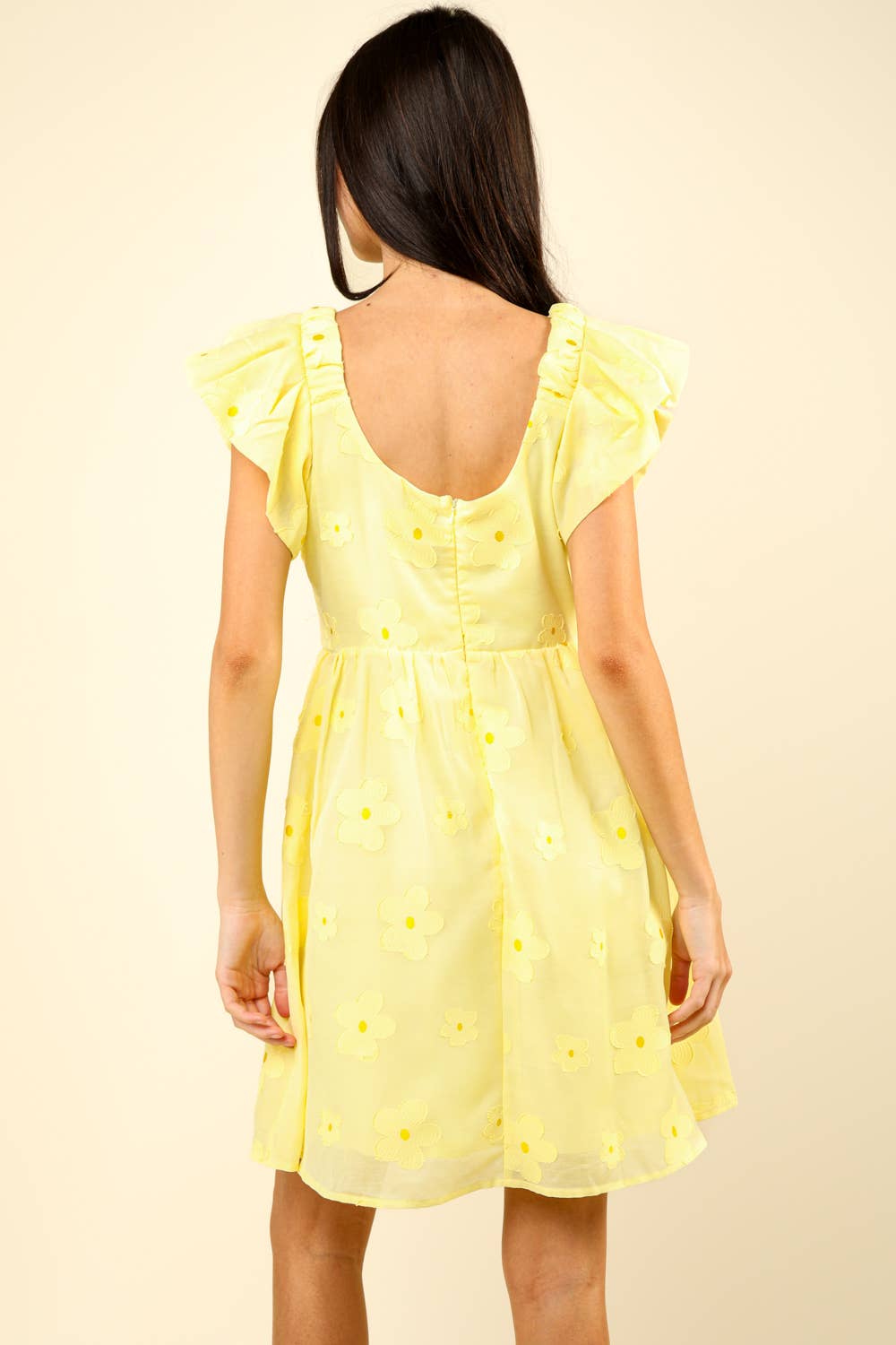 Flower Embroidered Sheer Organza Mini Dress: Yellow