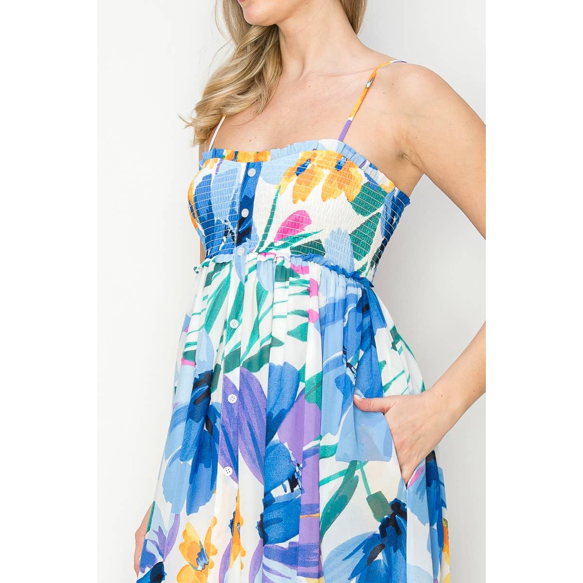 FLORAL SMOCKED CHIFFON MIDI DRESS: BLUE