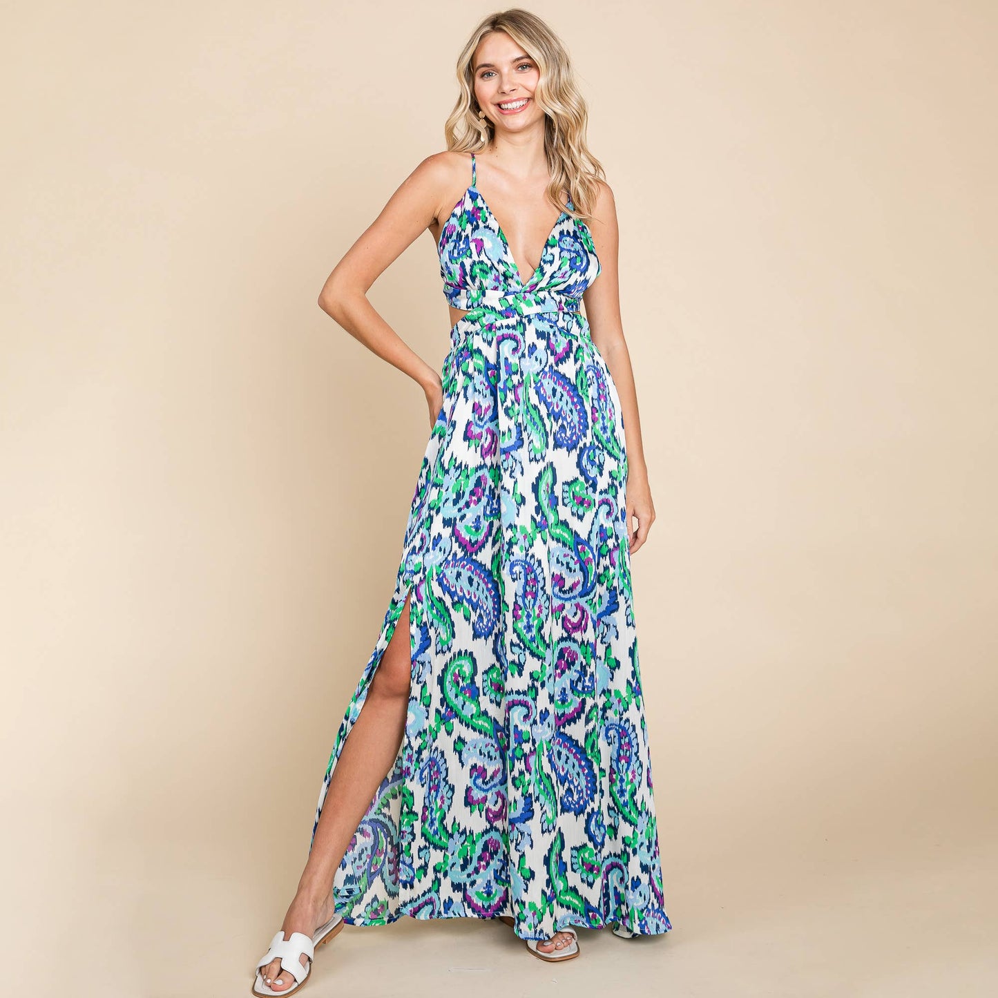 Deep V Neck Open Back Printed Boho Maxi Dress