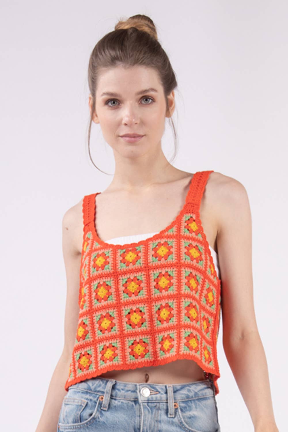Multi Color Crop Crochet Knit Top: TOMATO