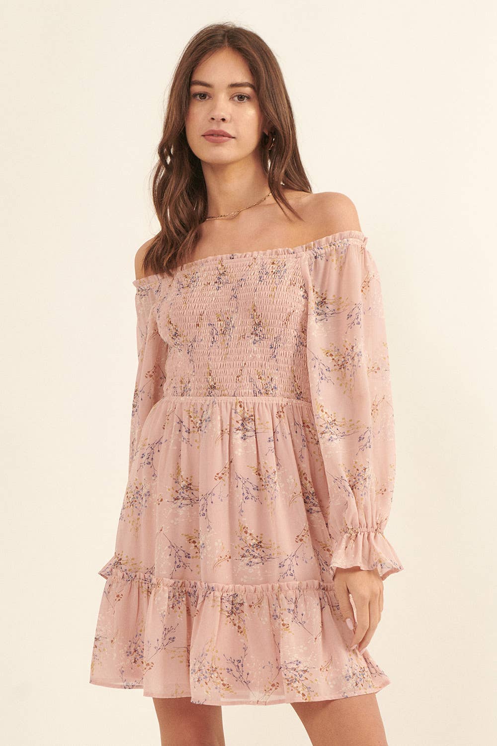 Smocked Floral Chiffon Off-Shoulder Peasant Dress