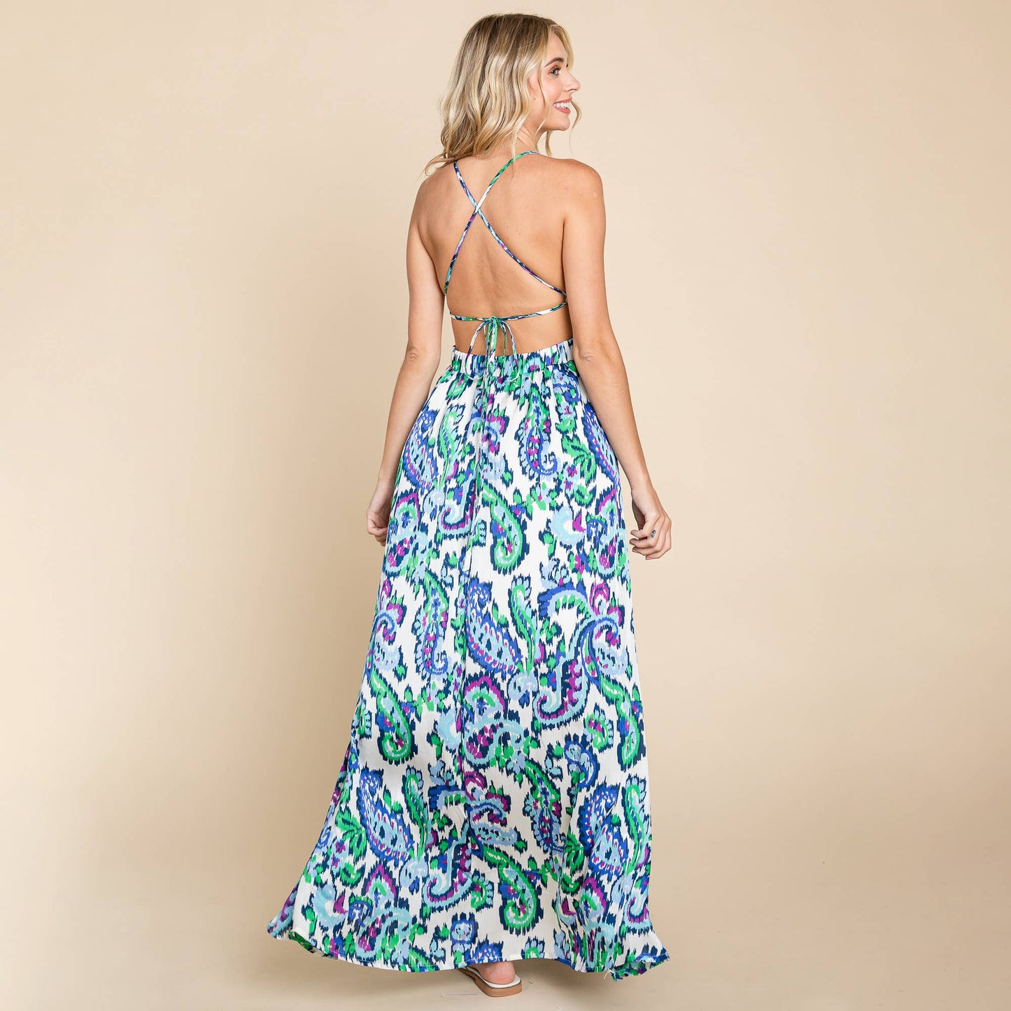 Deep V Neck Open Back Printed Boho Maxi Dress