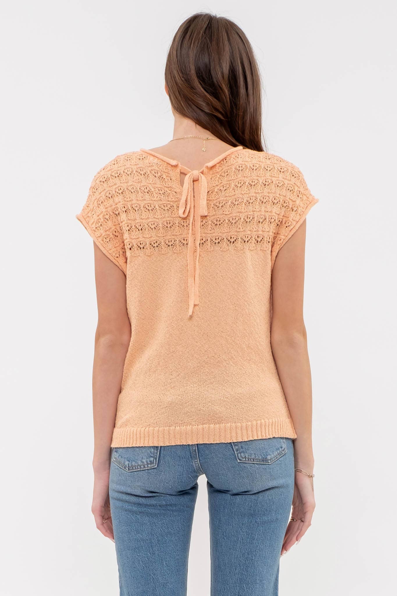 EYELET YOKE SWEATER KNIT TOP: LIGHT ORANGE