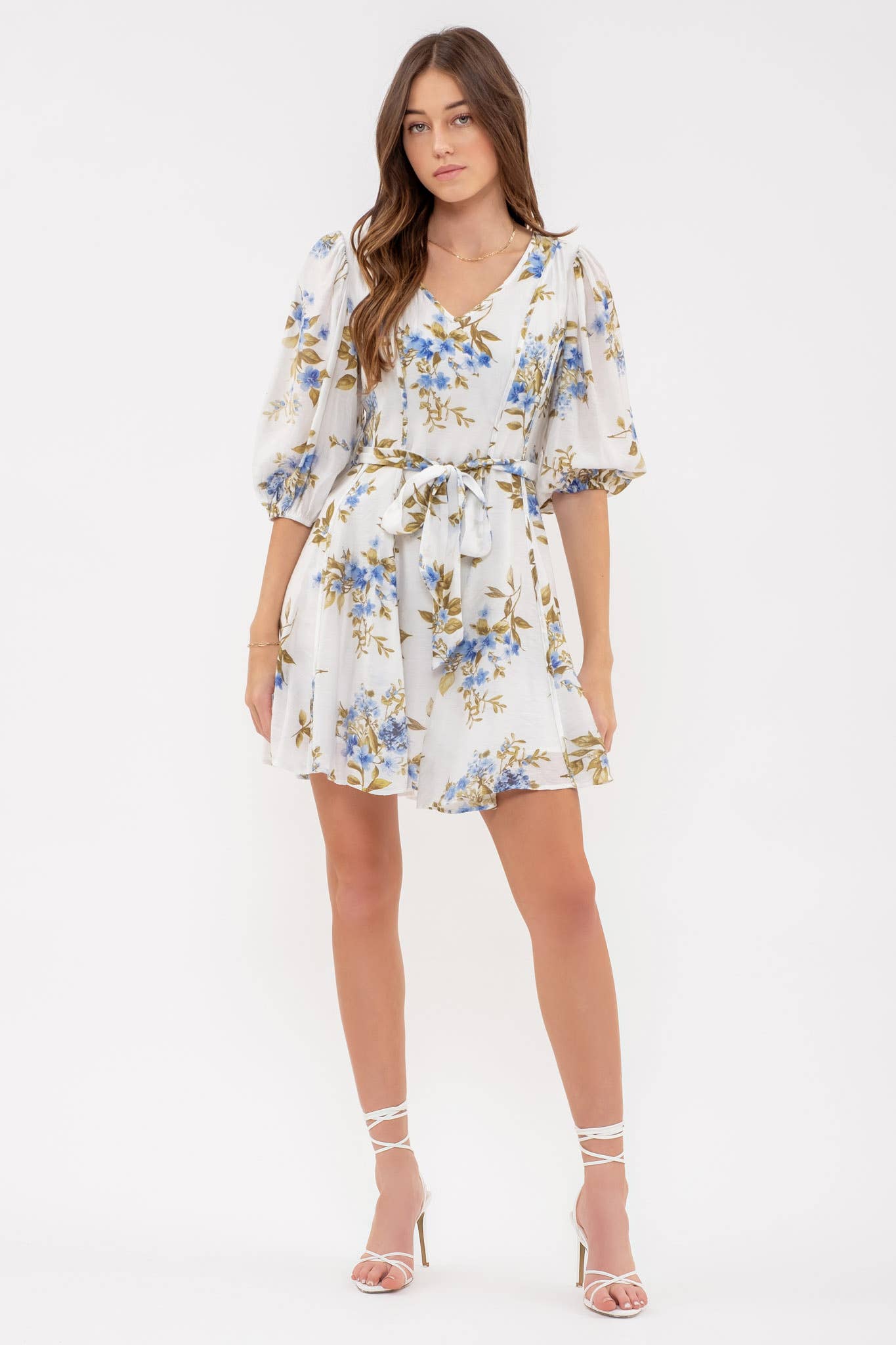 FLORAL PEASANT SLEEVE MINI DRESS: IVORY MULTI