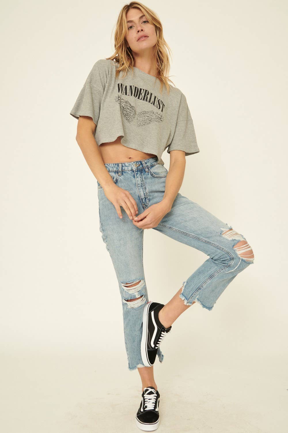 Wanderlust Angel Distressed Cropped Graphic Tee: