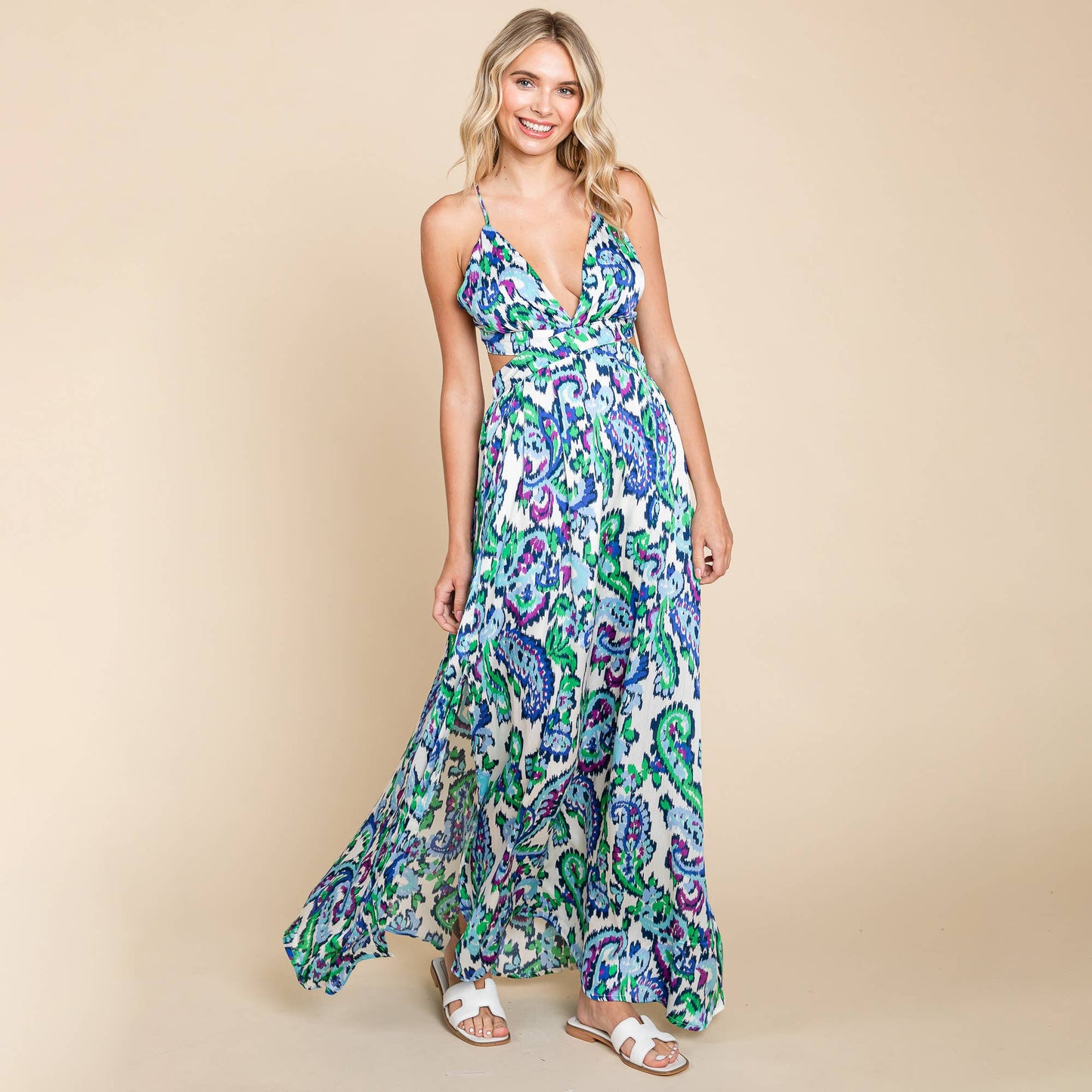 Deep V Neck Open Back Printed Boho Maxi Dress