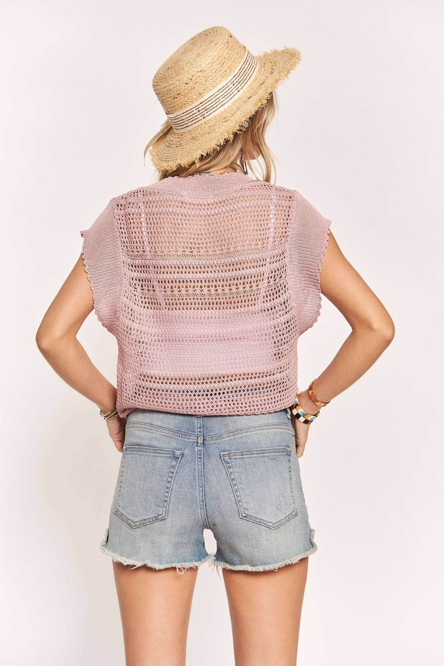 DRAWSTRING DETAIL CROCHET TOP: PINK