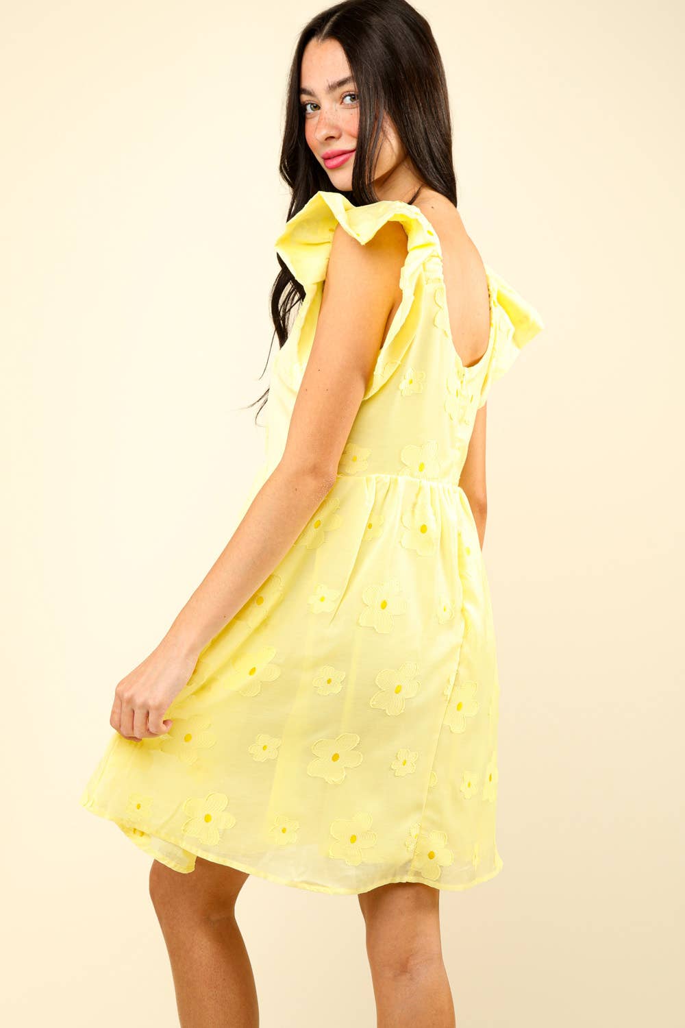 Flower Embroidered Sheer Organza Mini Dress: Yellow