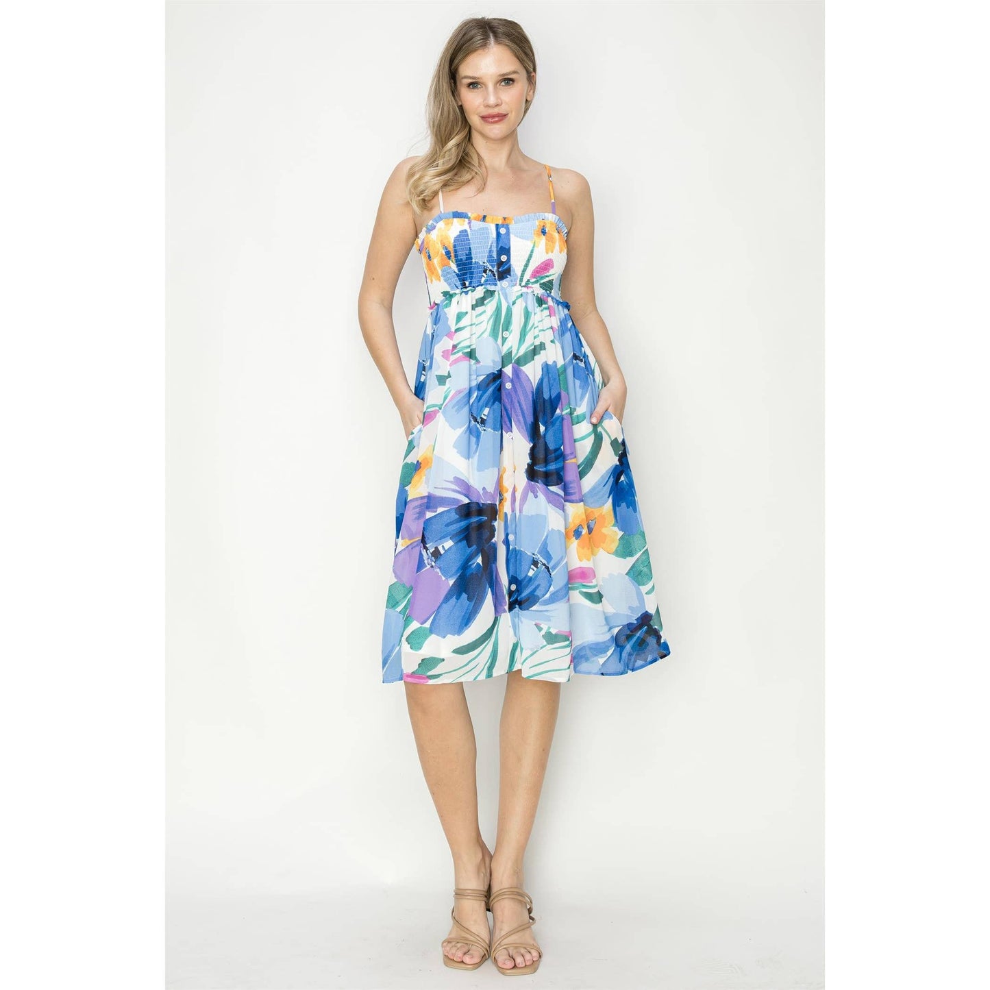 FLORAL SMOCKED CHIFFON MIDI DRESS: BLUE