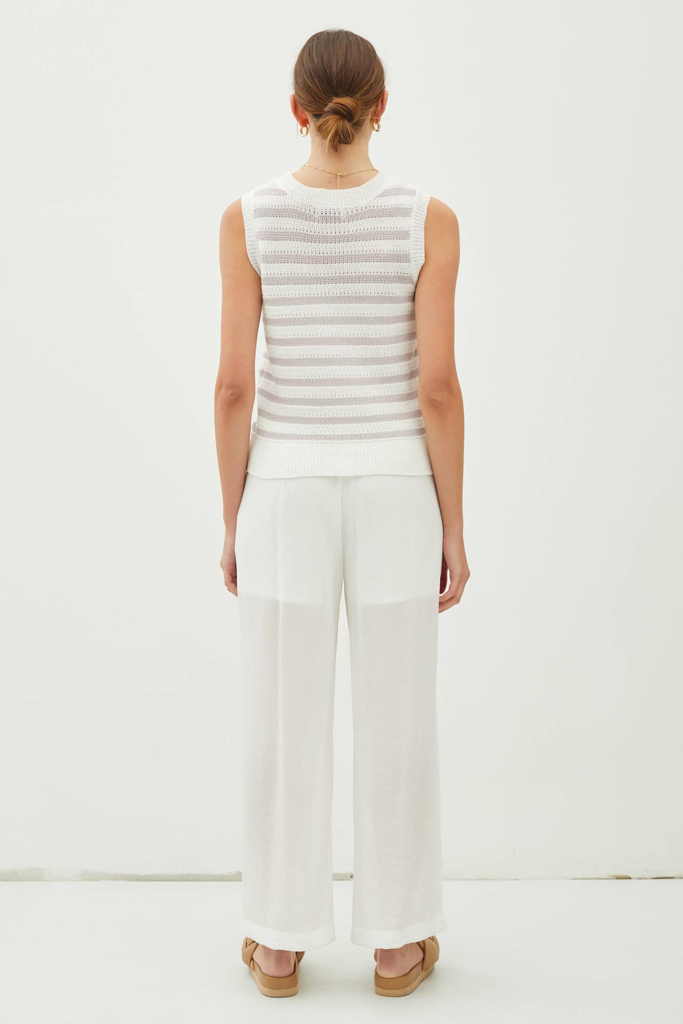 STRIPED CREW NECK KNIT TANK: Pewter