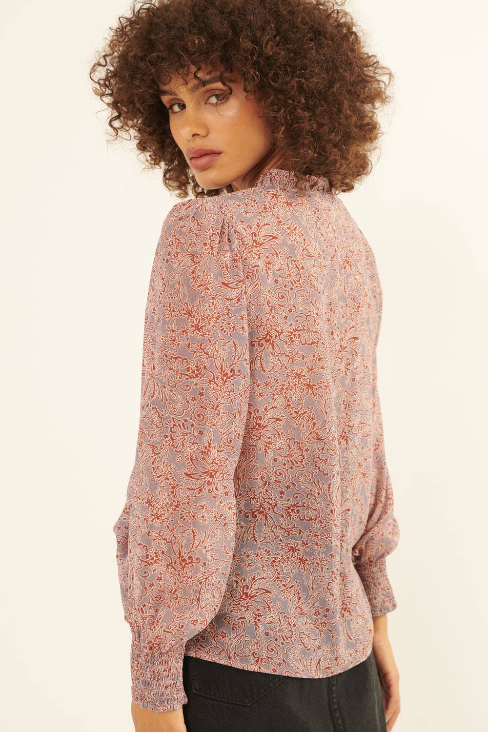 Floral V Neck Button Front Long Sleeve Blouse