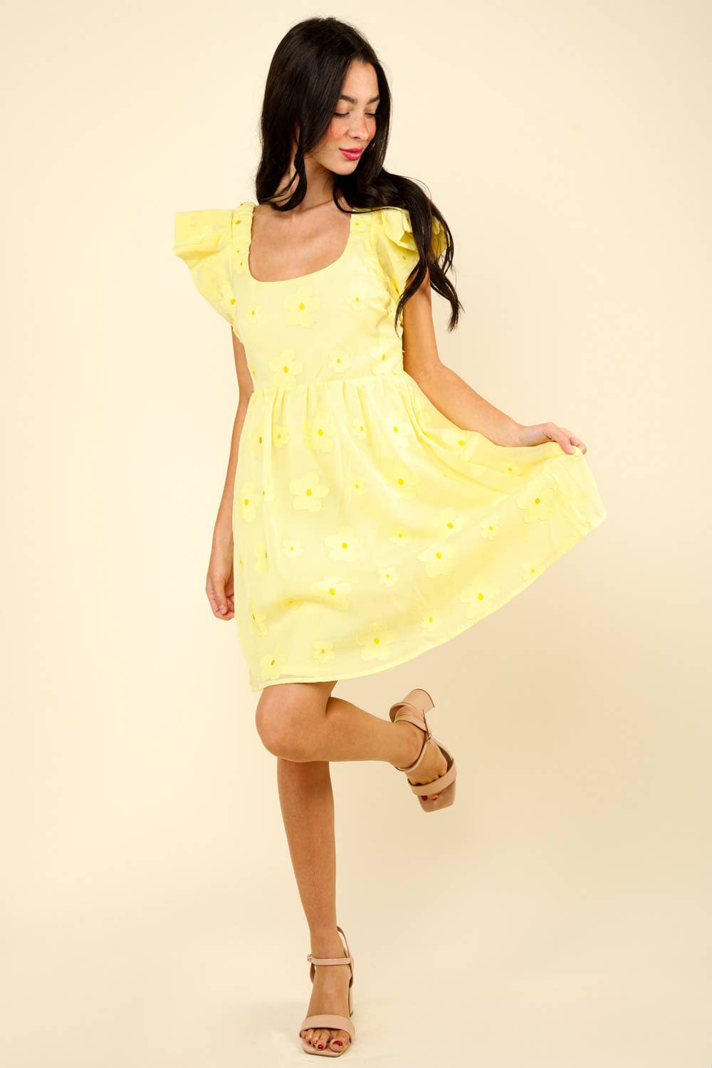 Flower Embroidered Sheer Organza Mini Dress: Yellow