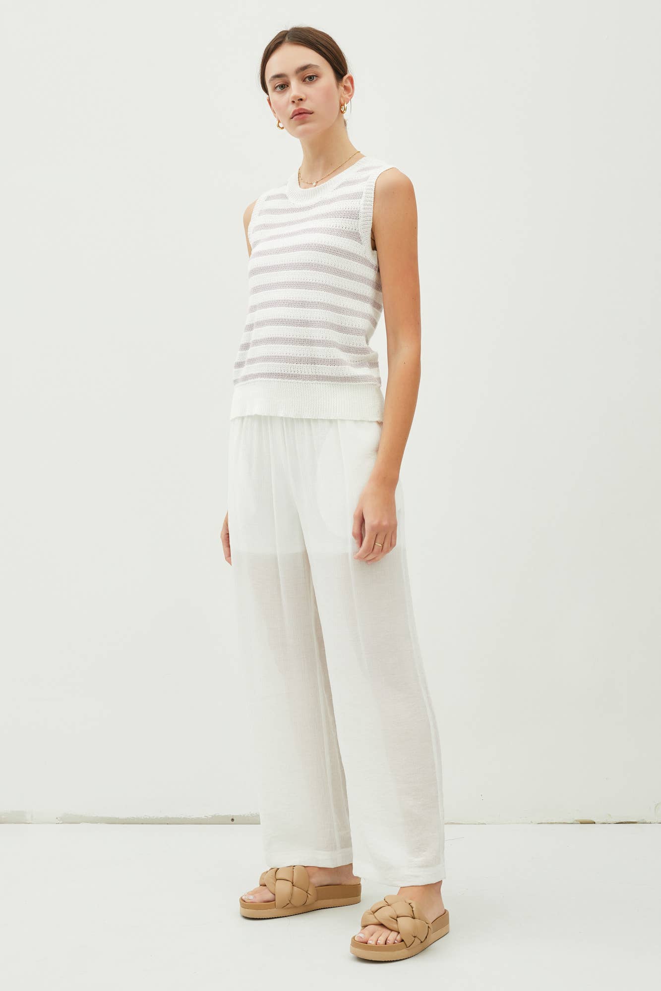 STRIPED CREW NECK KNIT TANK: Pewter