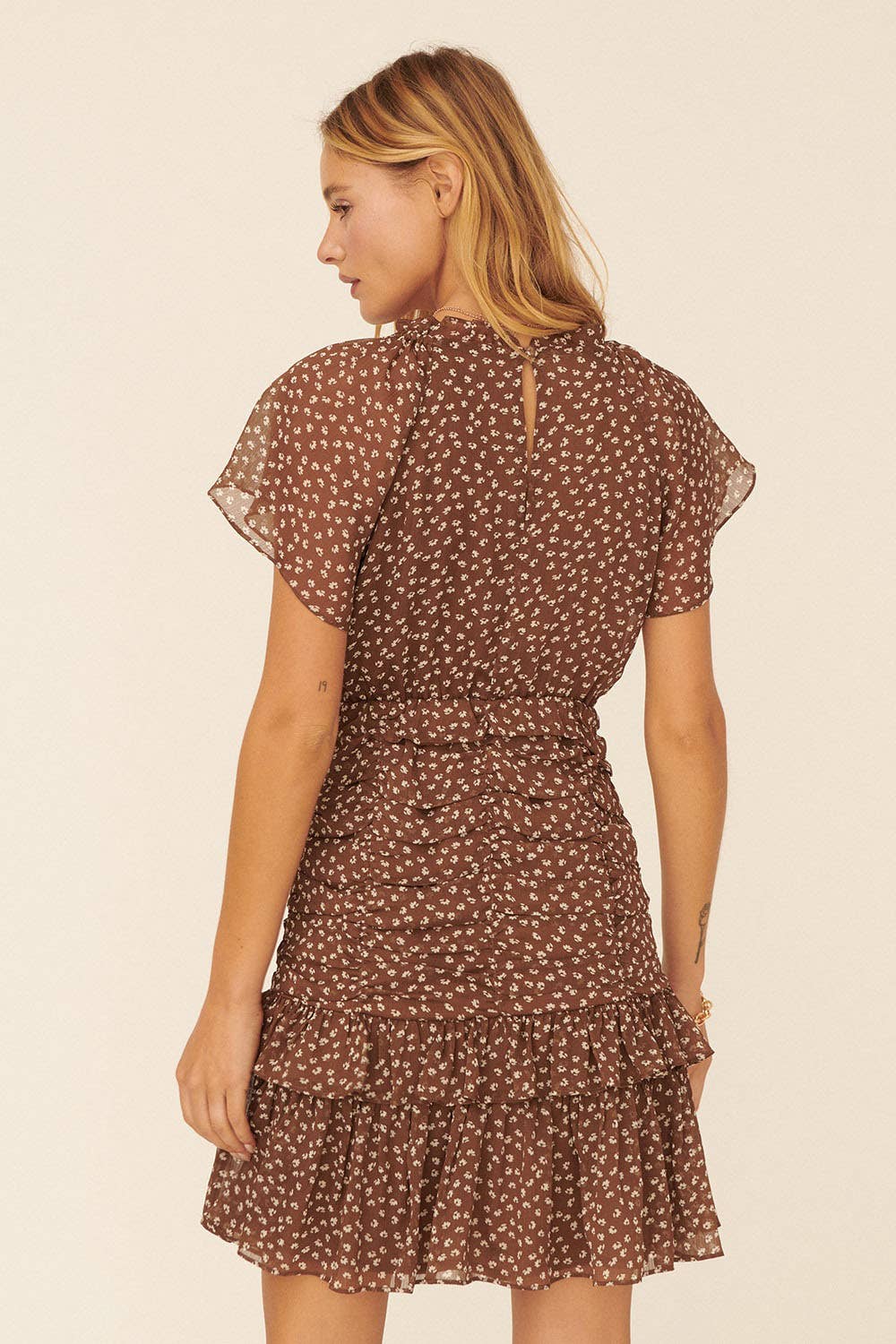 Floral Surplice Butterfly Tiered Ruched Mini Dress