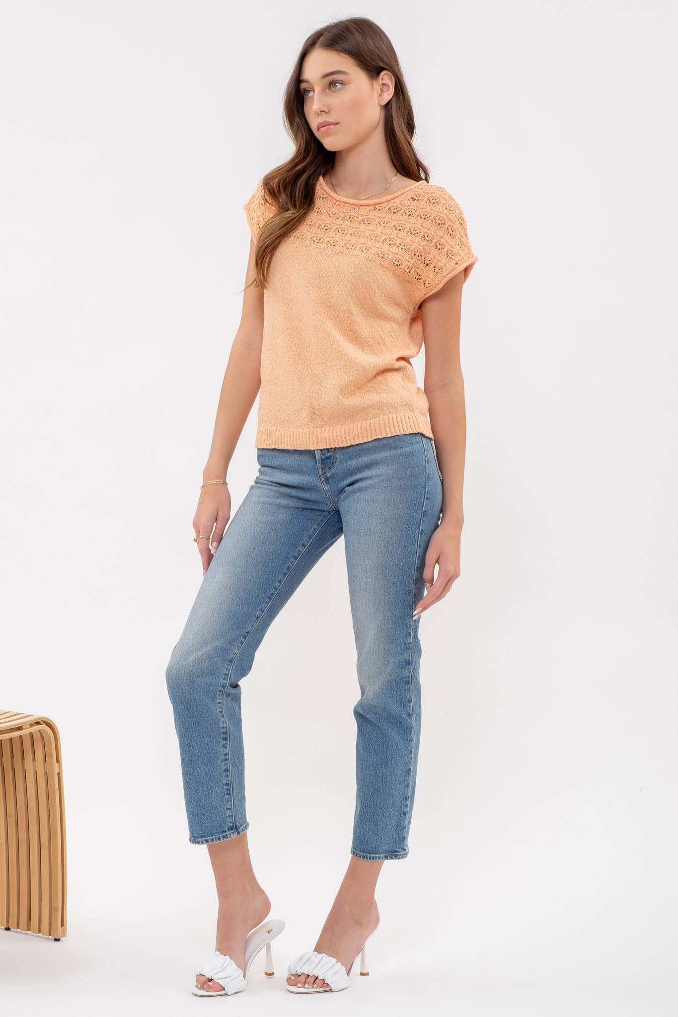 EYELET YOKE SWEATER KNIT TOP: LIGHT ORANGE