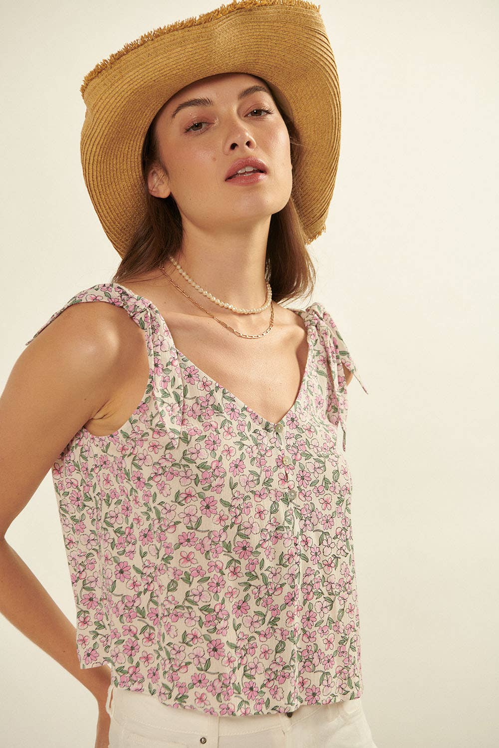 Floral Scoop Neck Henley Tied Shoulders Tank Top: Blush
