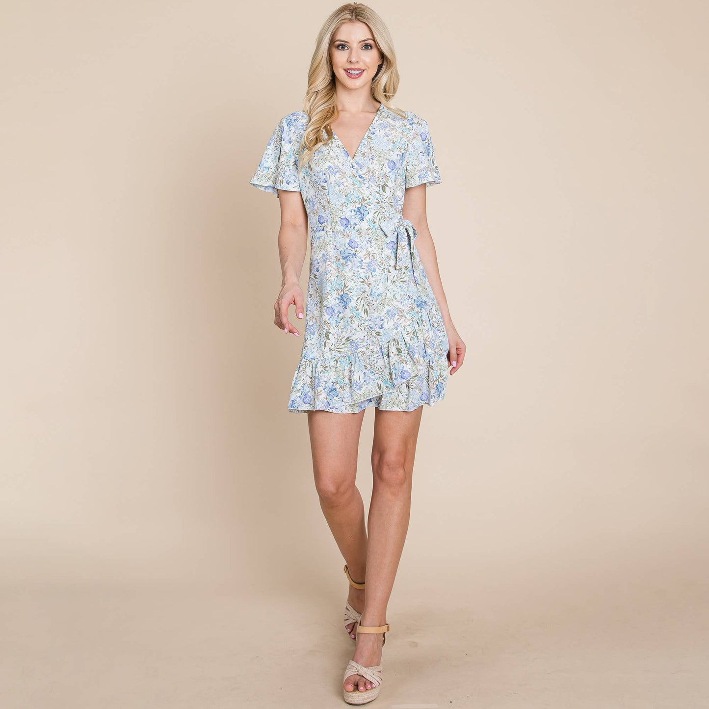 Asymmetrical Hem Floral Ruffled Wrap Dress: Blue