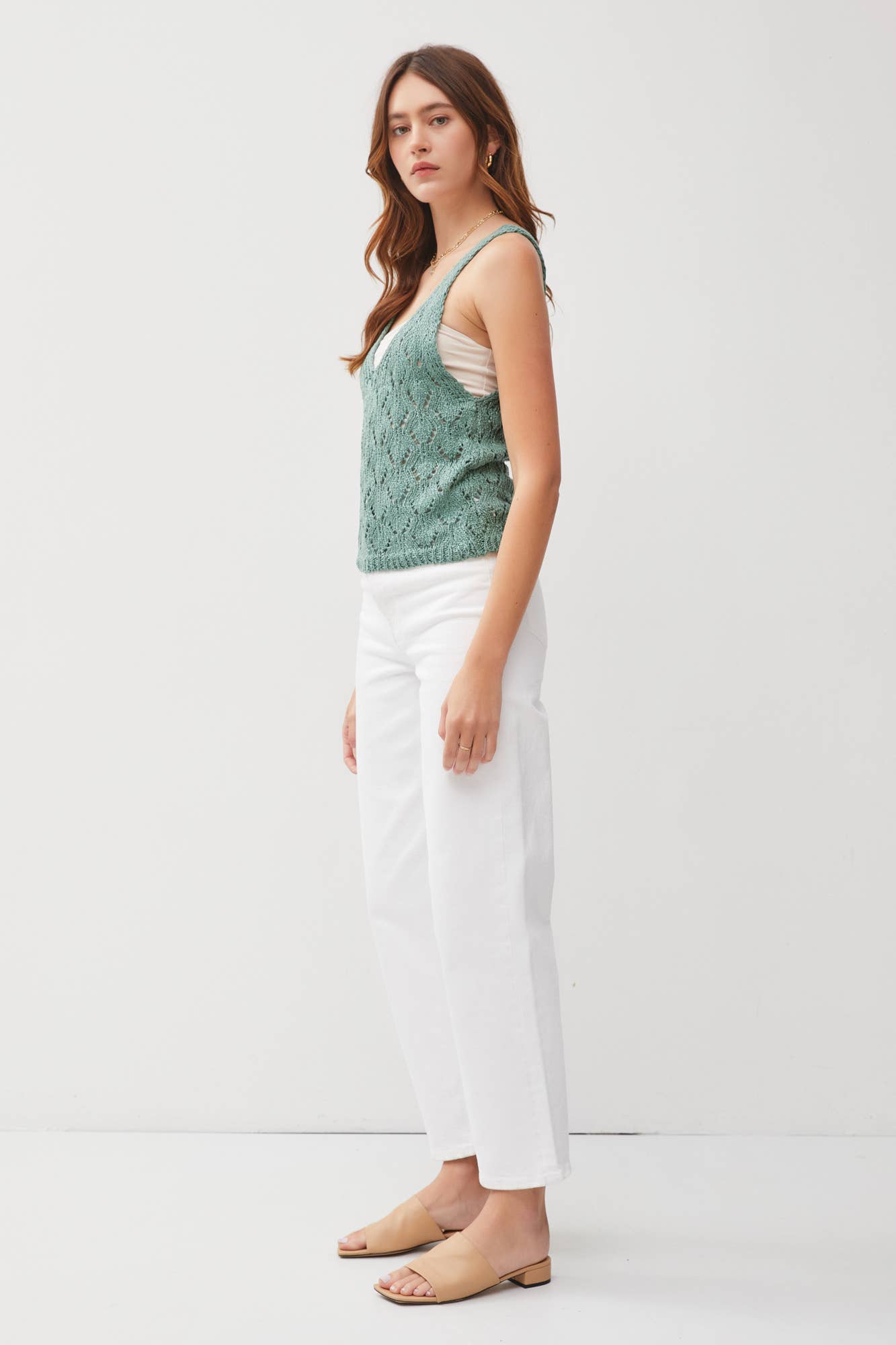 CROCHET V-NECK POINTELLE KNIT TANK: Seafoam
