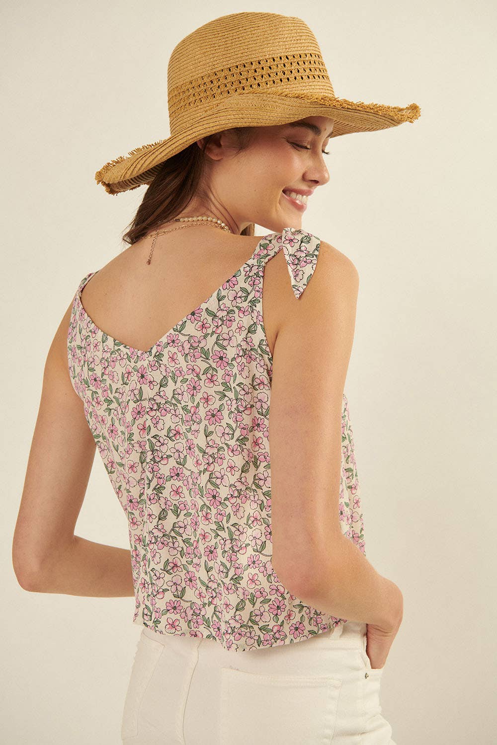 Floral Scoop Neck Henley Tied Shoulders Tank Top: Blush