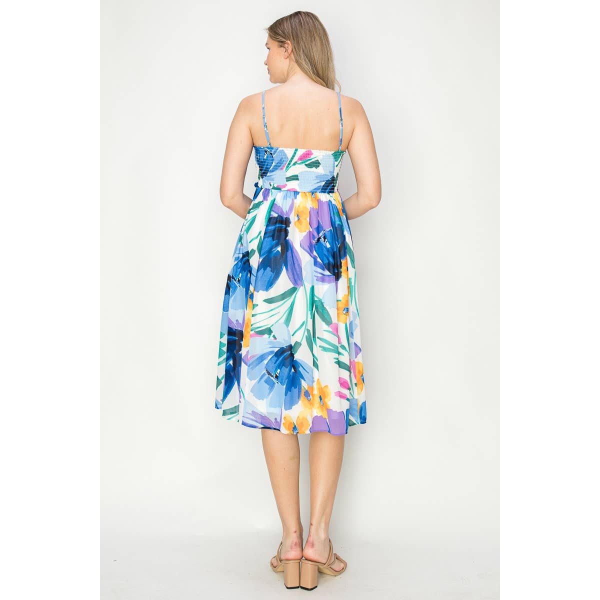 FLORAL SMOCKED CHIFFON MIDI DRESS: BLUE