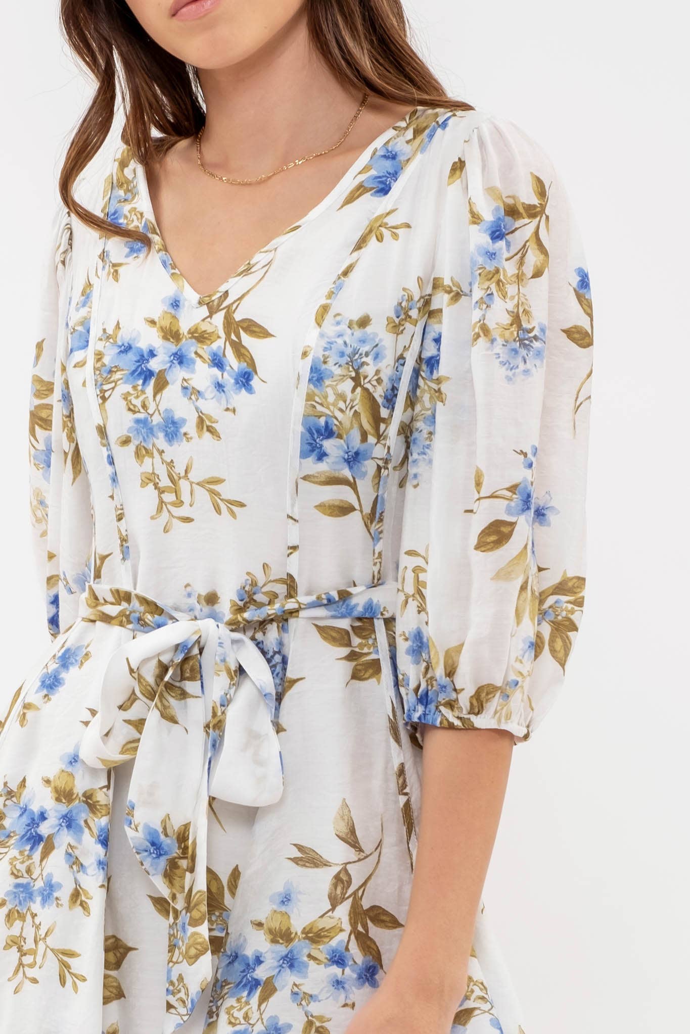 FLORAL PEASANT SLEEVE MINI DRESS: IVORY MULTI