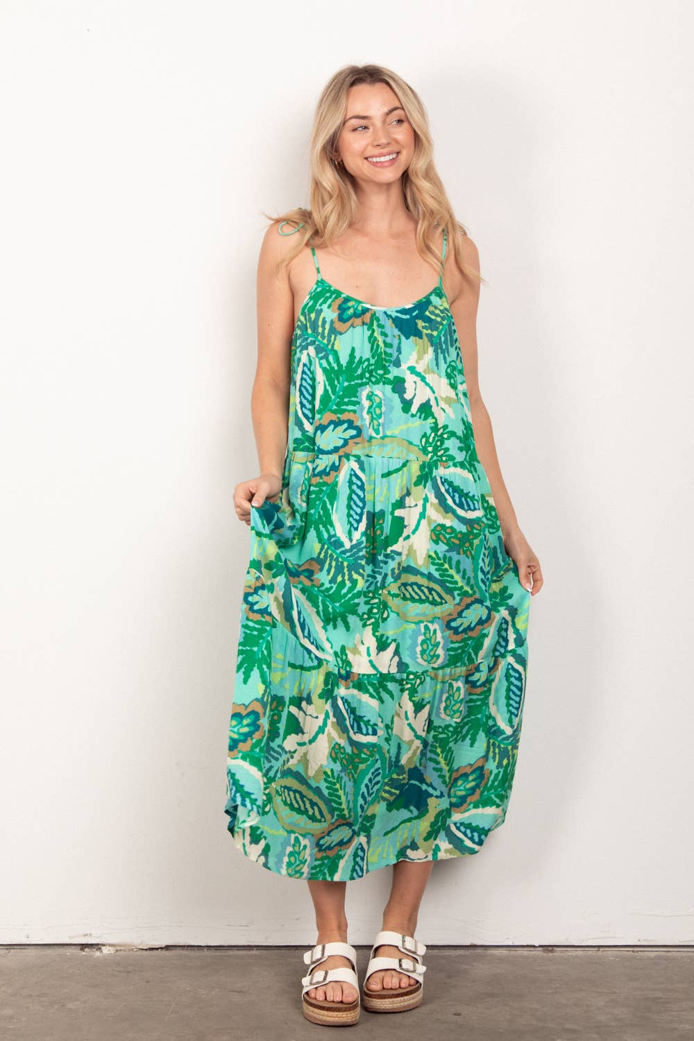 Sleeveless Tropical Printed Summer Midi Dress: GREEN MIX