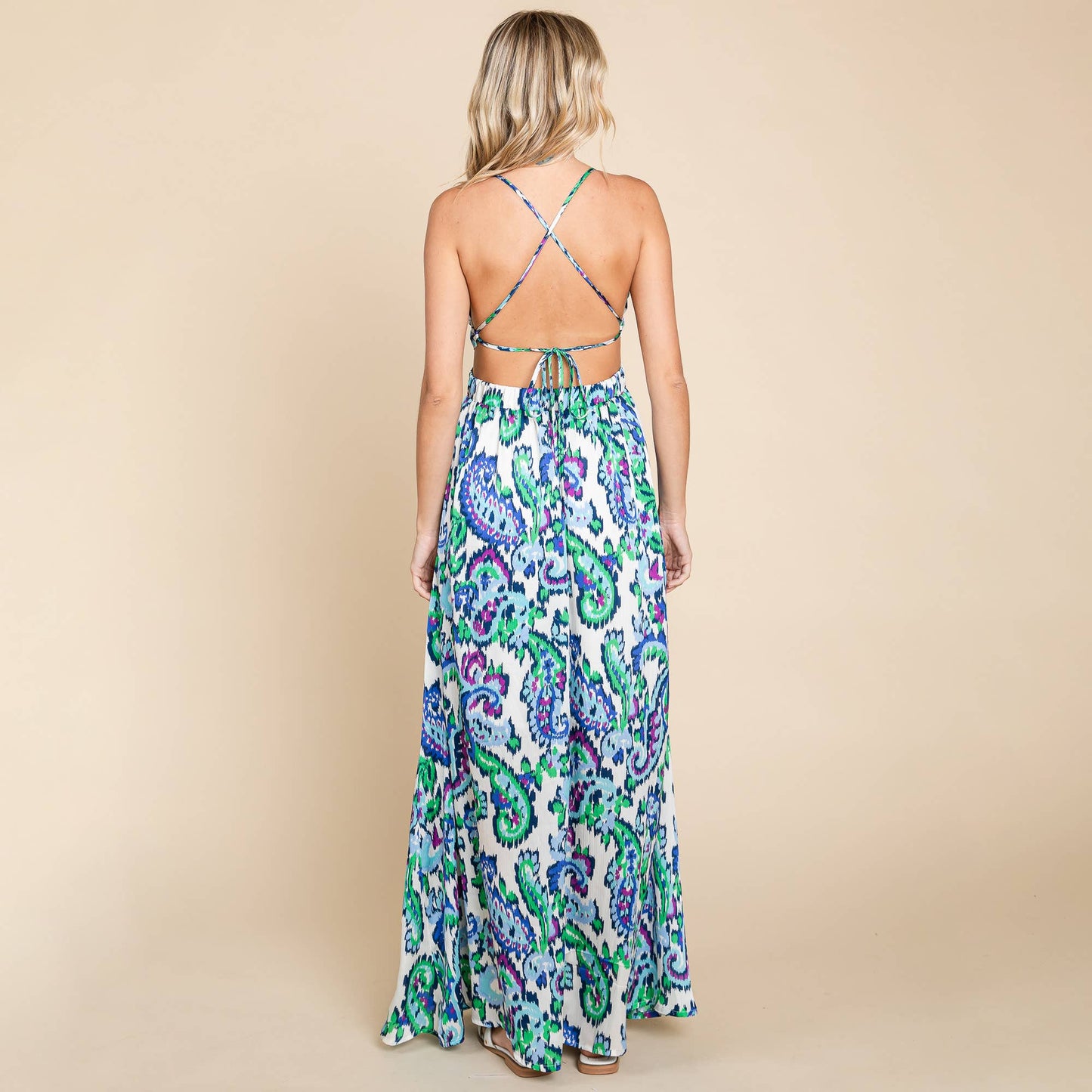 Deep V Neck Open Back Printed Boho Maxi Dress