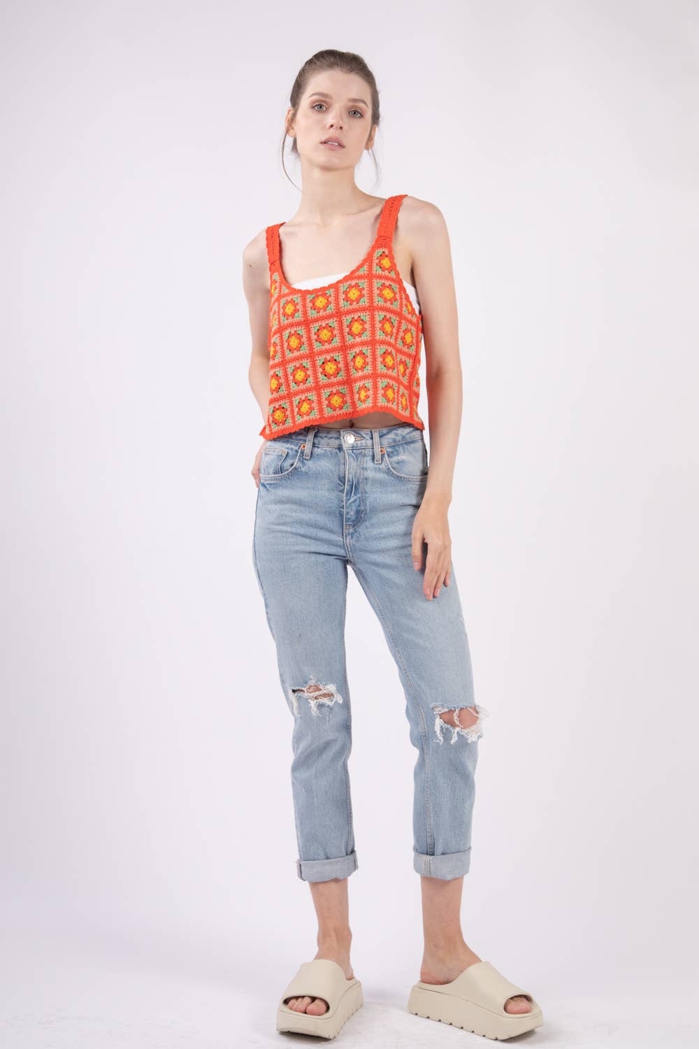 Multi Color Crop Crochet Knit Top: TOMATO