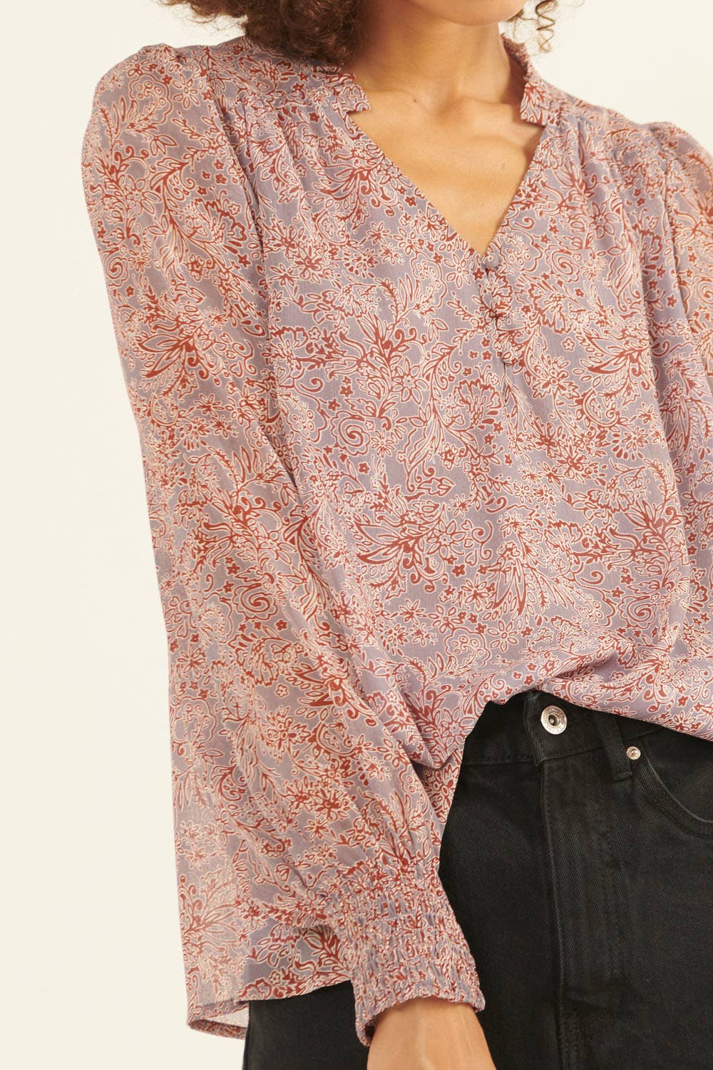 Floral V Neck Button Front Long Sleeve Blouse