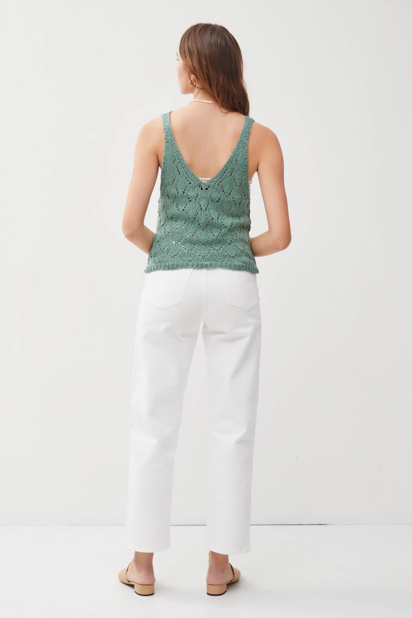 CROCHET V-NECK POINTELLE KNIT TANK: Seafoam