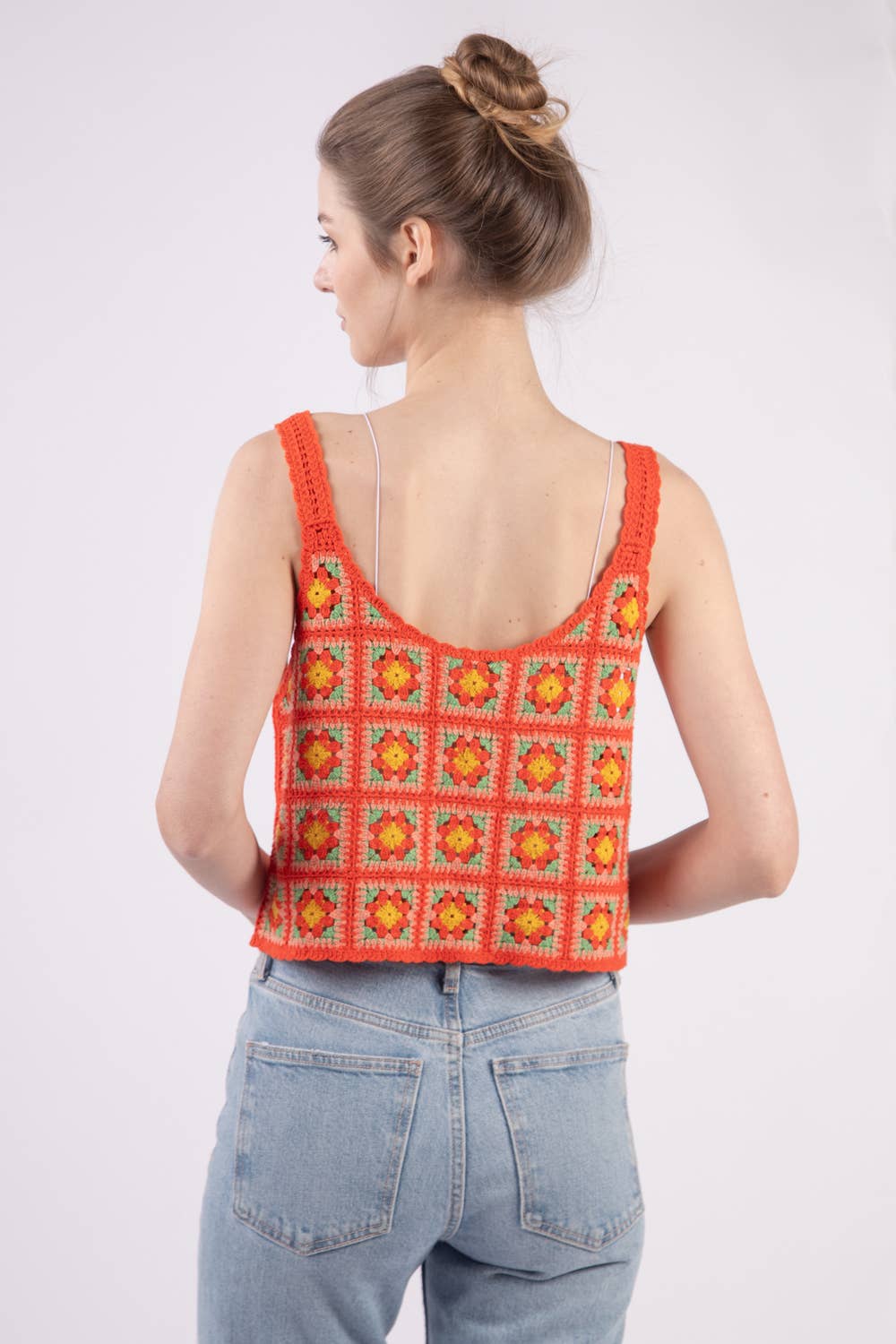 Multi Color Crop Crochet Knit Top: TOMATO