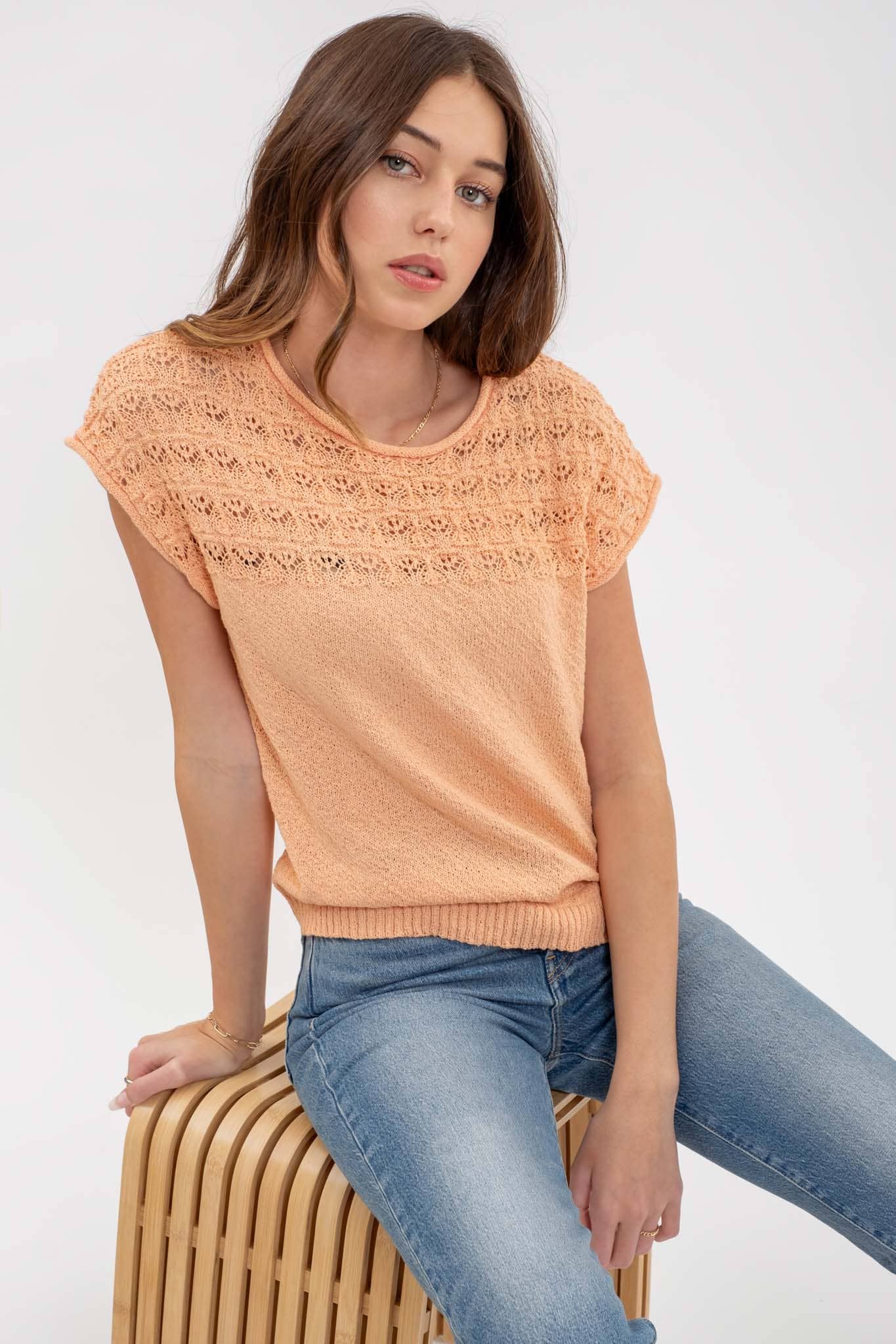 EYELET YOKE SWEATER KNIT TOP: LIGHT ORANGE