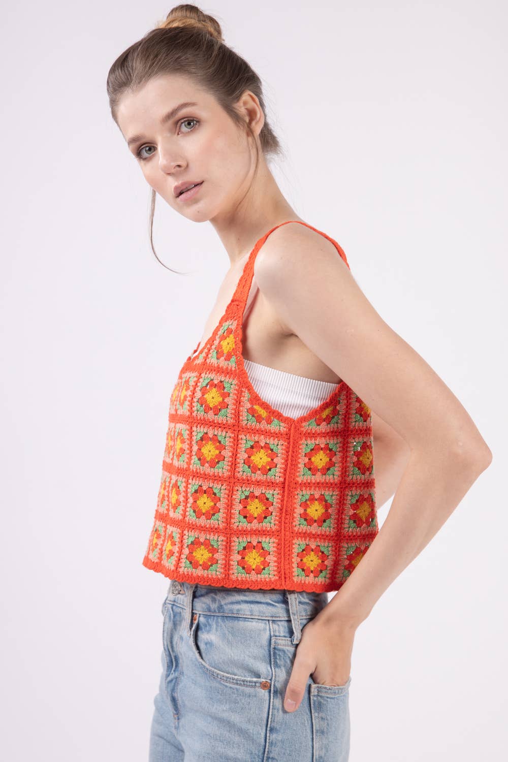 Multi Color Crop Crochet Knit Top: TOMATO