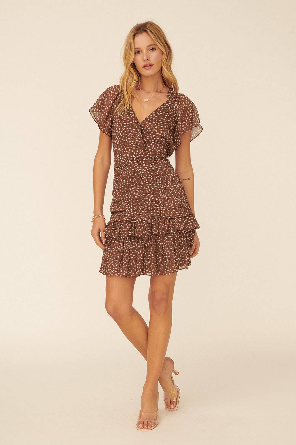 Floral Surplice Butterfly Tiered Ruched Mini Dress