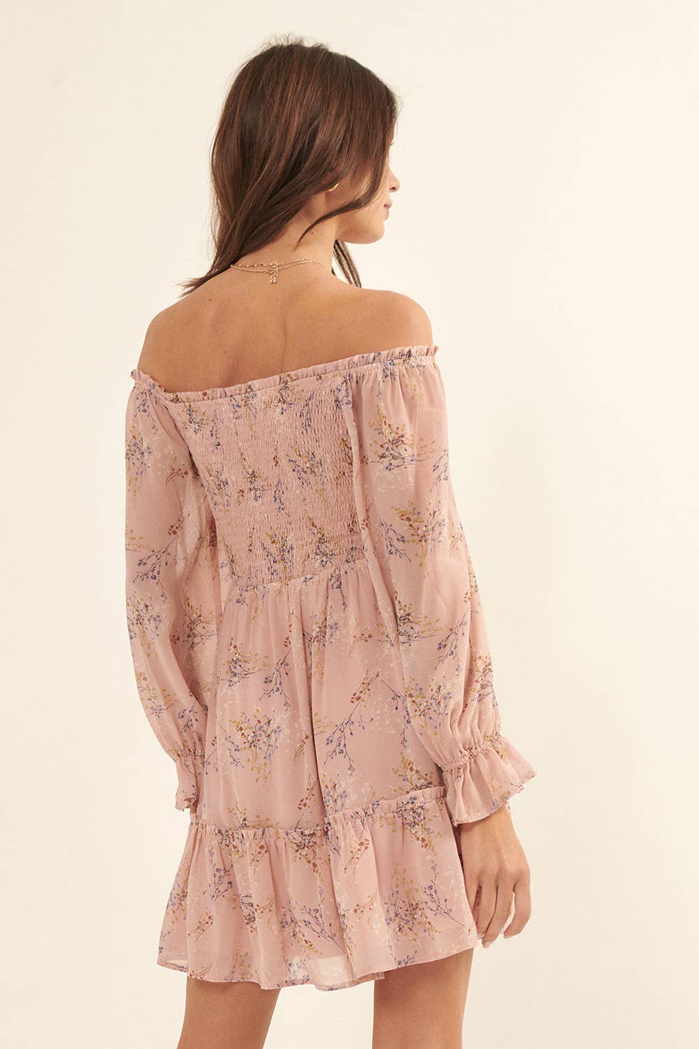Smocked Floral Chiffon Off-Shoulder Peasant Dress