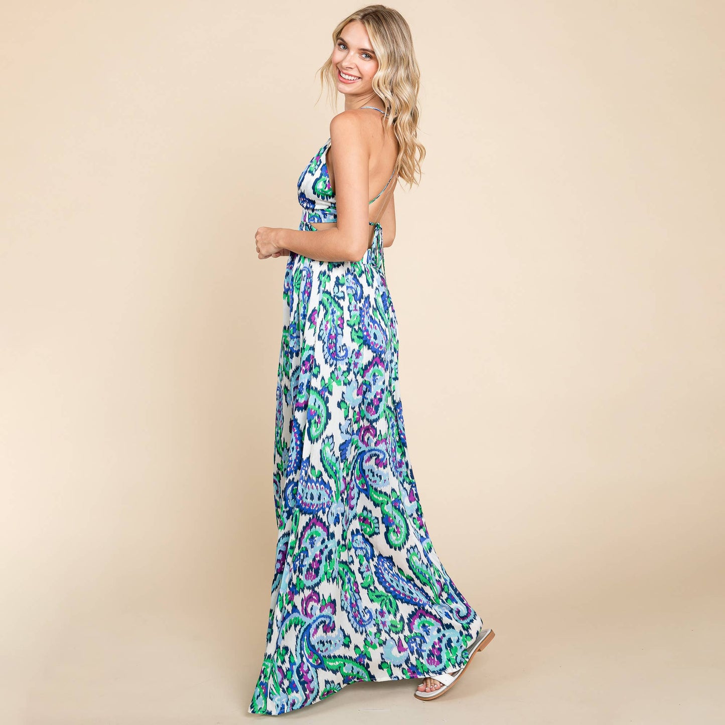 Deep V Neck Open Back Printed Boho Maxi Dress