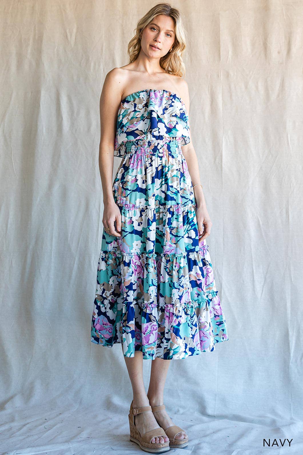 Multi Floral Printed Off Shoulder Tired Dress