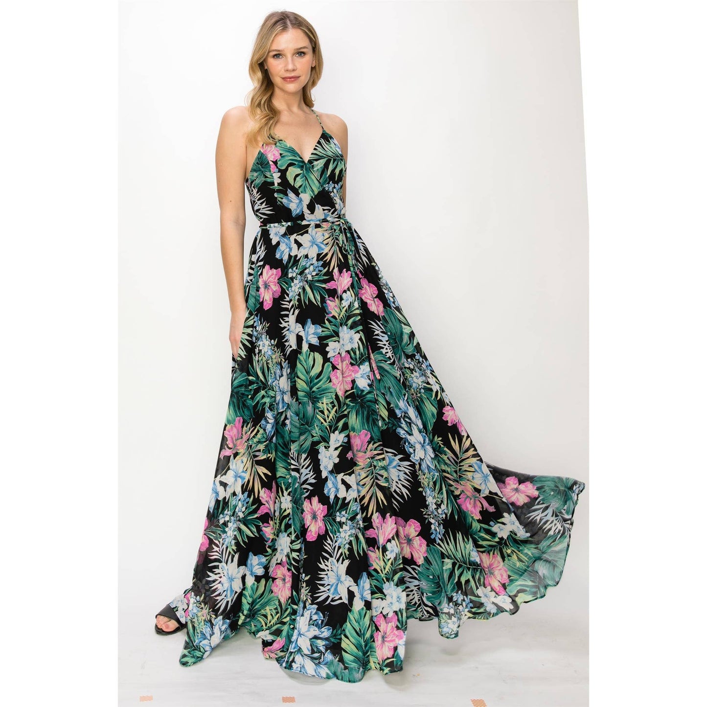 SLEEVELESS FLORAL PRINTED DRESS: BLACK